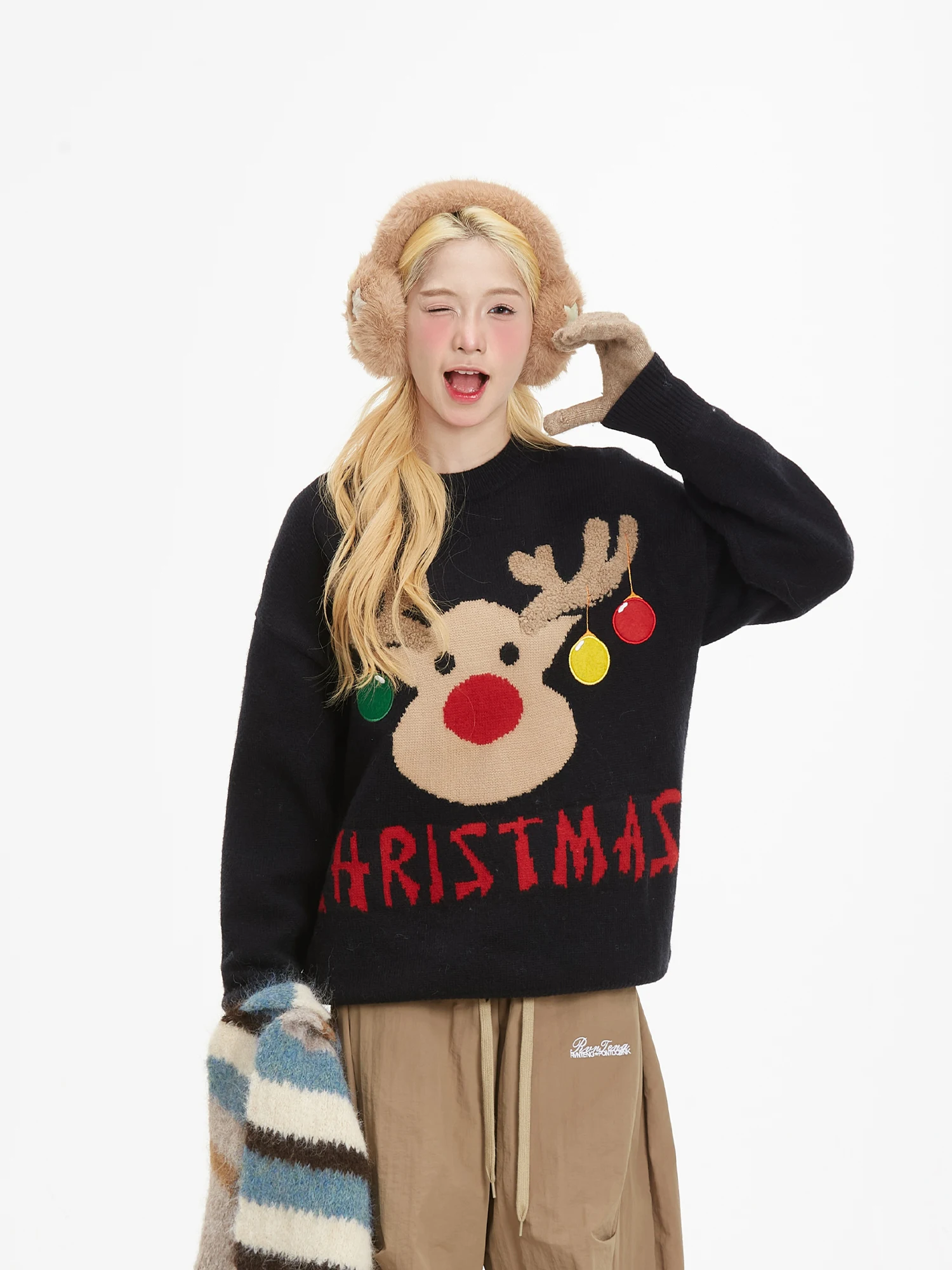 American Retro Highstreet Sweet Christmas Elk Knitted Sweater Women Winter Lazy Loose Casual Round Neck Couple Jumper Pullovers