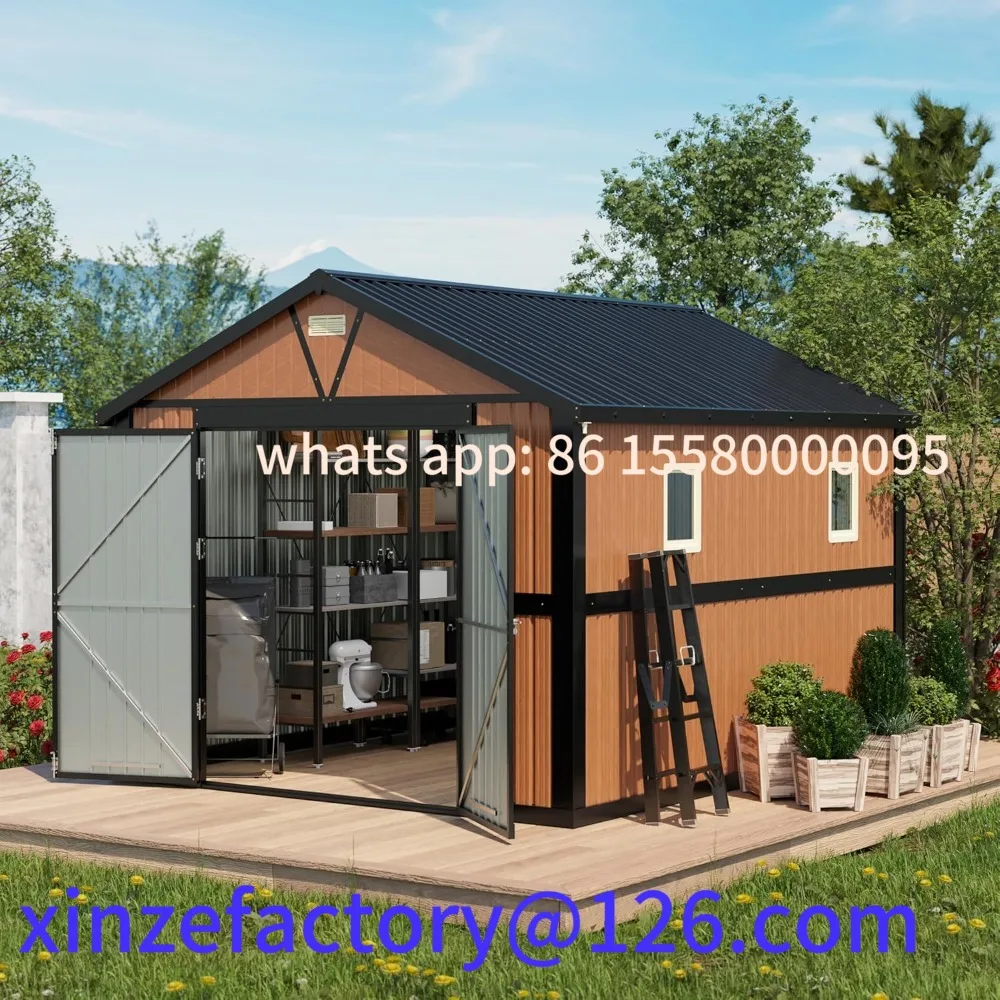 Cobertizo de Almacenamiento Exterior Personalizable, Cobertizo Metálico Extra Grande con Piso de Estructura, Puertas con Cerradura, 2 Ventanas, Mini Casa de Acero para Exteriores