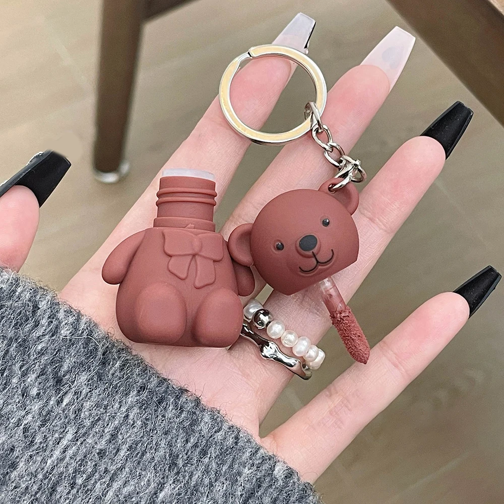 Bear Recklace Lip Mud Gray Pink Matte Matte Velvet Lip Glaze Cute Portable Keychain Pendant