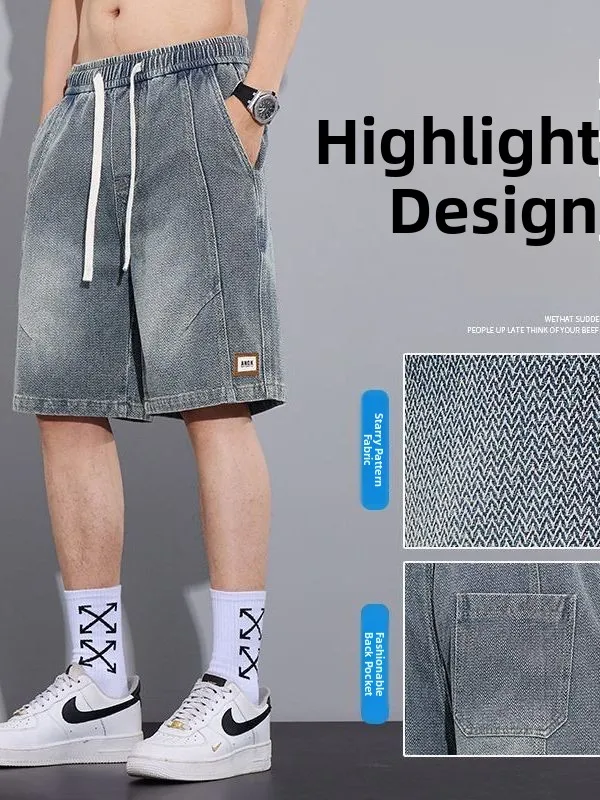 

Washed Straight Leg Men's Jeans Lightweight American Style Summer New Casual Shorts Breathable Versatile Five-Quarter Shorts