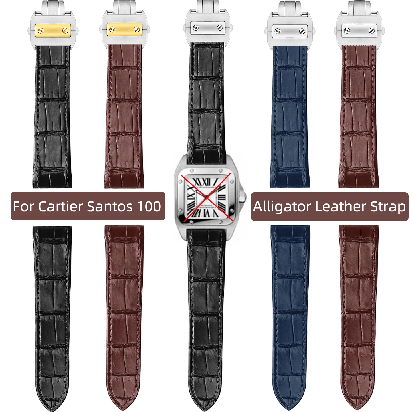 20mm 23mm crocodile leather strap for Cartier Santos series bracelet watch belt Santos 100watch band blue black brown wristband