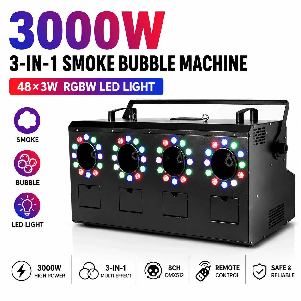 Machine à bulles de fumée 3-en-1 3000W, lumière LED RGBW 48×3W, machine à effets de scène 8CH DMX512 avec télécommande pour mariage, DJ, fête, concert, club, stock UE