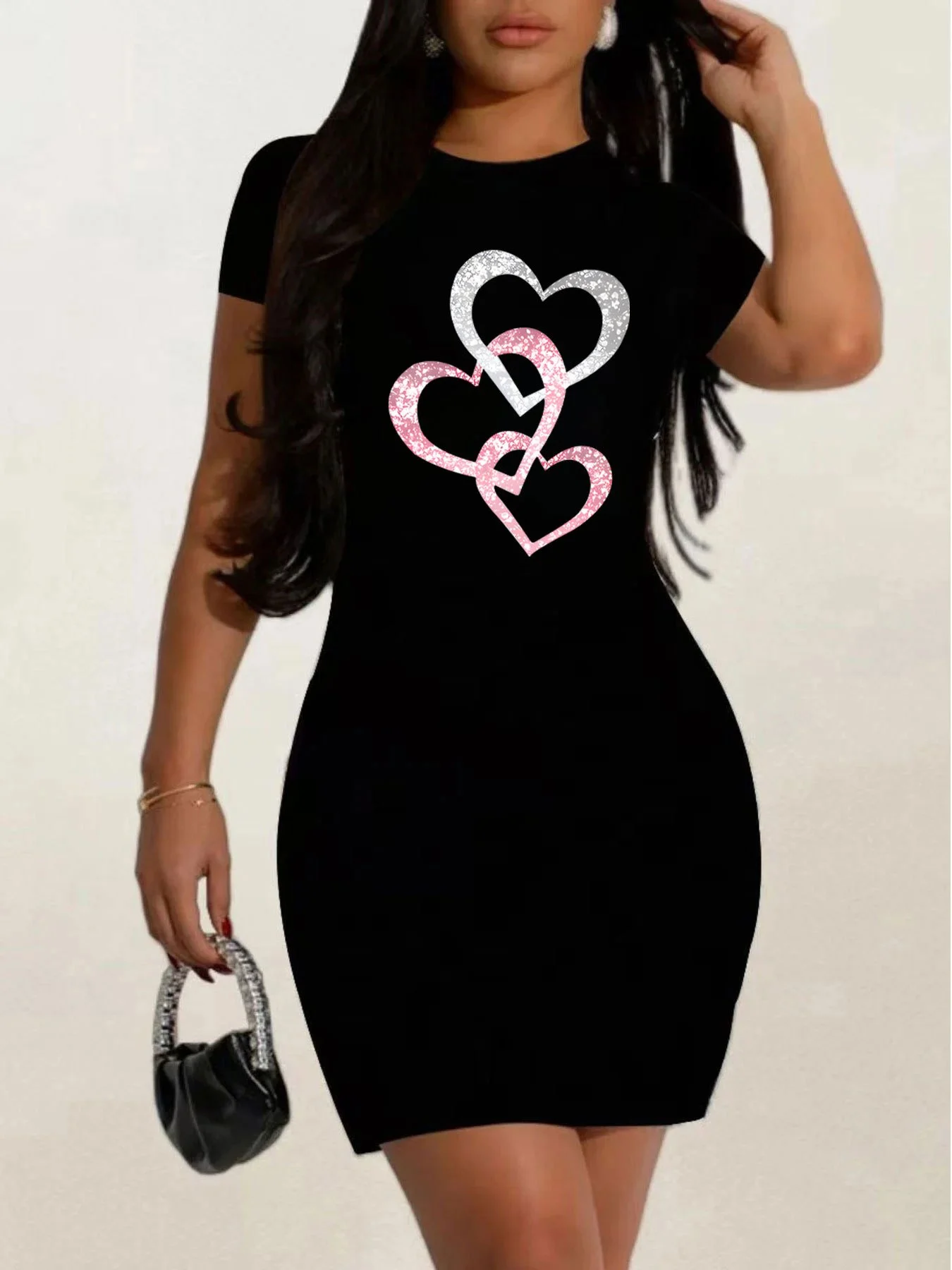 Robe t-shirt noire à manches courtes pour femmes, tenue décontractée avec graphique, col rond, coupe ample, printemps et été, été