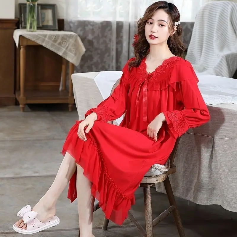 Bright Red Women's Autumn Winter Pure Cotton Long-sleeved Mid-length Zodiac Year Thin Spring All-cotton Wedding Pajama Dress