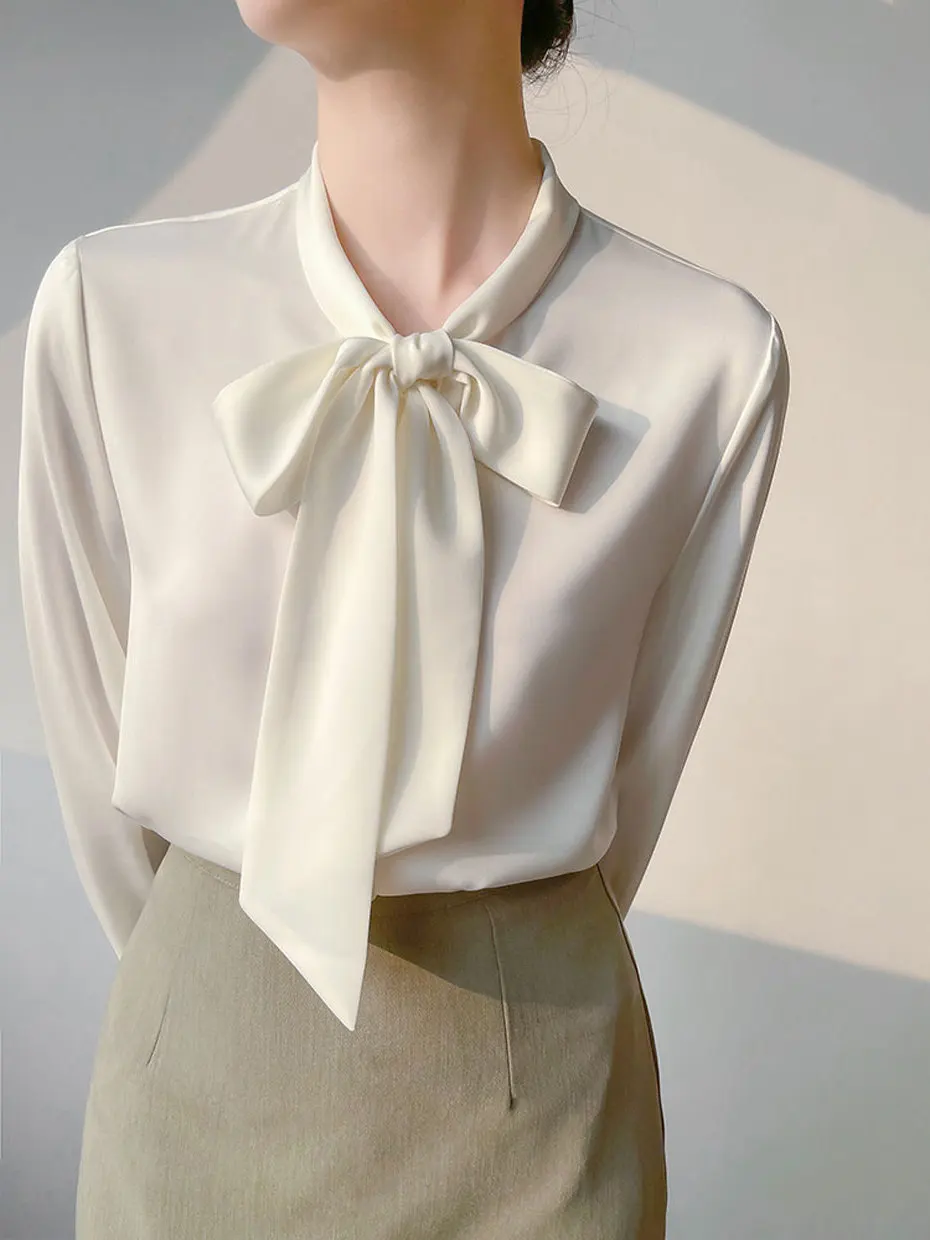 

Silk Satin Long Sleeve White Shirt Women's Fashionable Commute Professional Blouse Knot Ribbon Layering Top