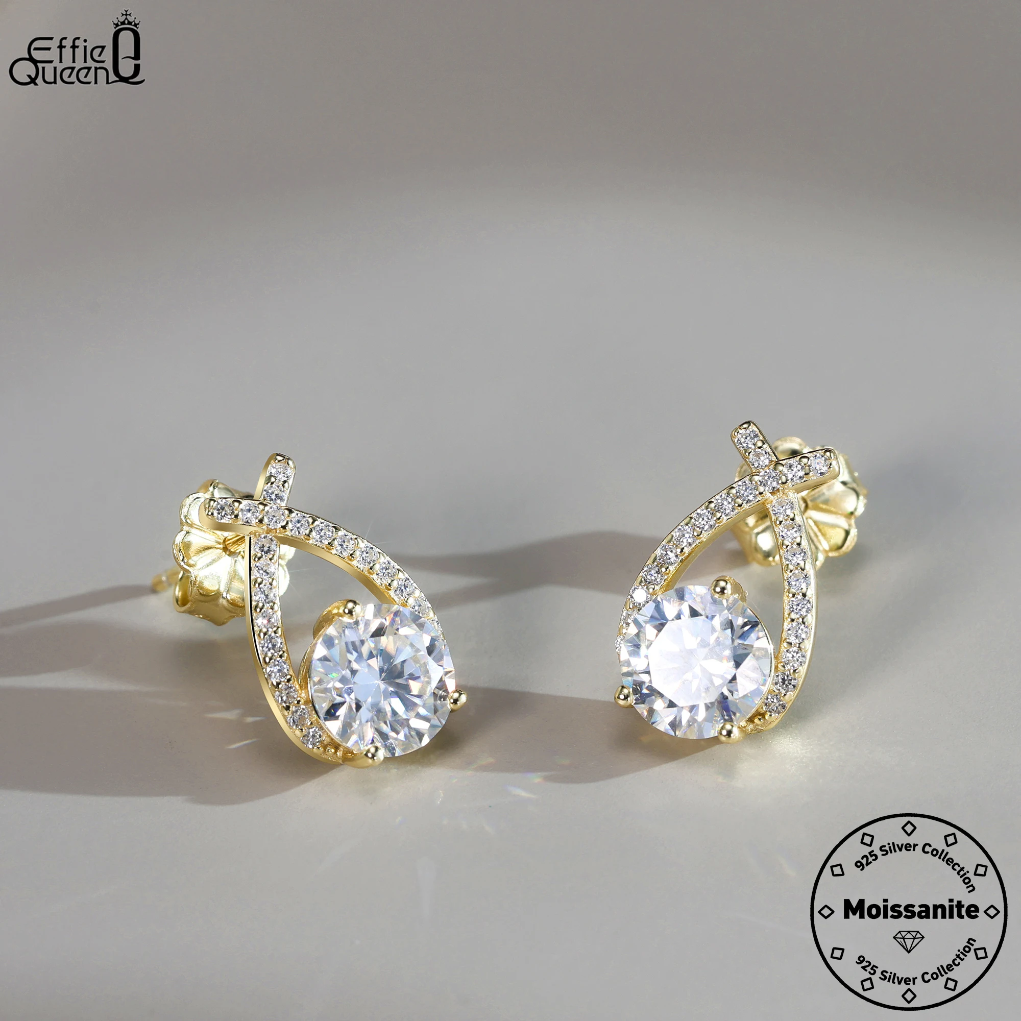 

Effie Queen Genuine 925 Silver 14k Gold Round Cut Moissanite Stud Earrings Simple Jewelry for Women Wedding Party Banquet MOE12