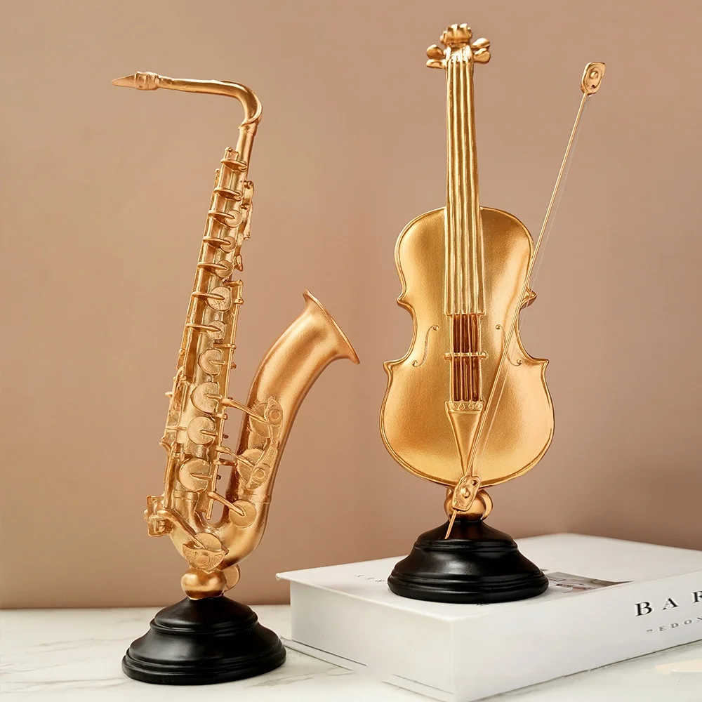 Resin Handicraft Musical Instrument Golden Violin Saxophone Artwork Decorative Figurines Home Decoration Accessories