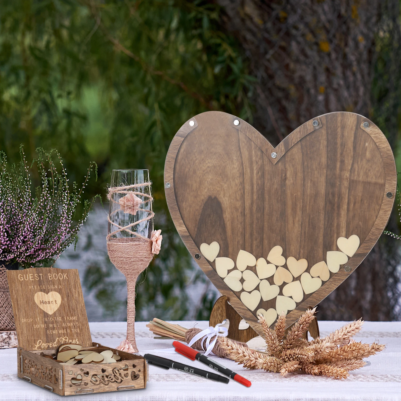 Wedding Guest Book Wooden 88pcs Heart-shaped Bracket Pastoral Wedding Storage Box Birthday Message Carving Carbonized Wood