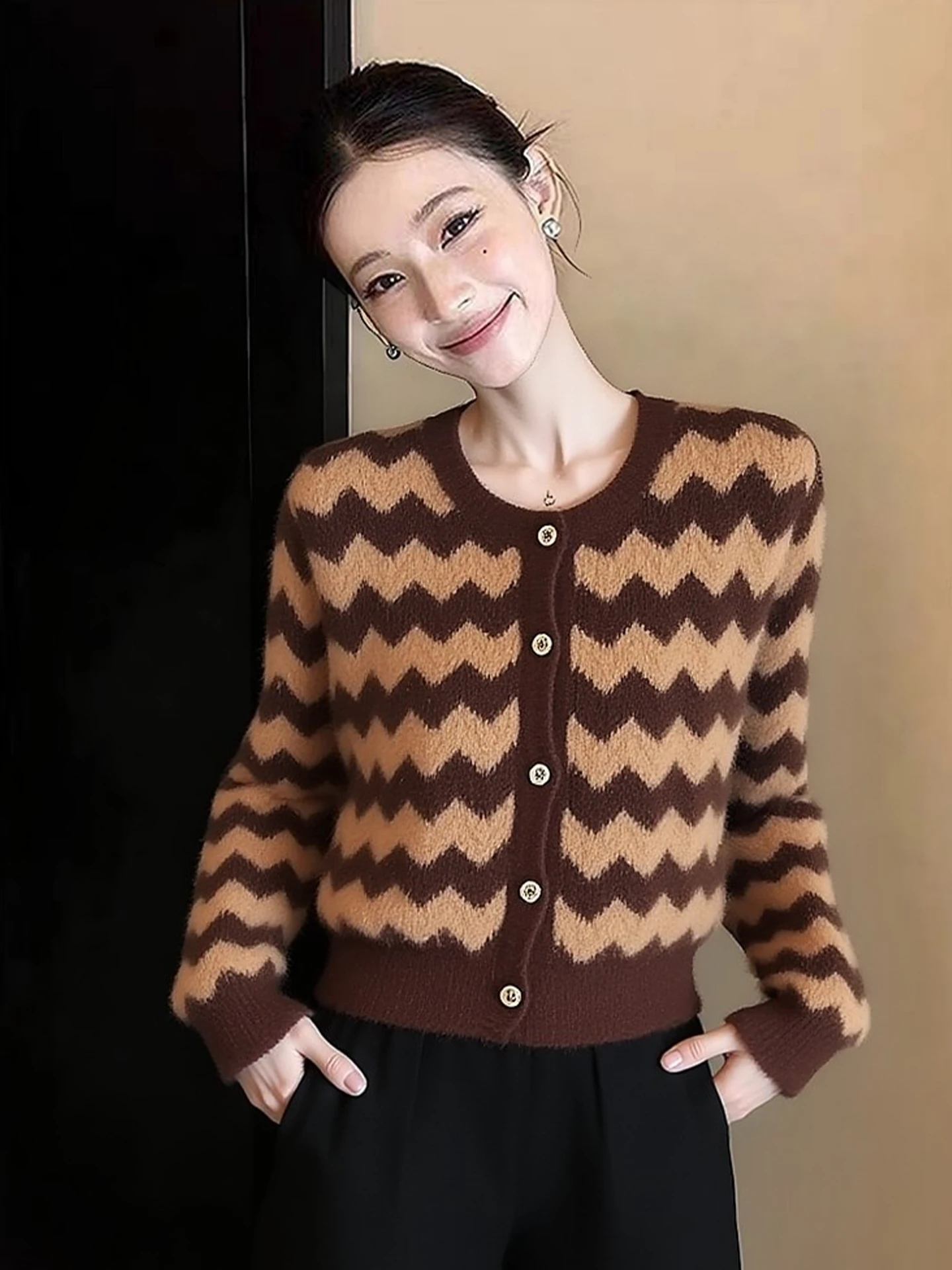 

Retro Long Sve Color Blo Knitwear round Ne Lazy Sle Sweater Spring Korean Version eep Camere Soft Medium Thin