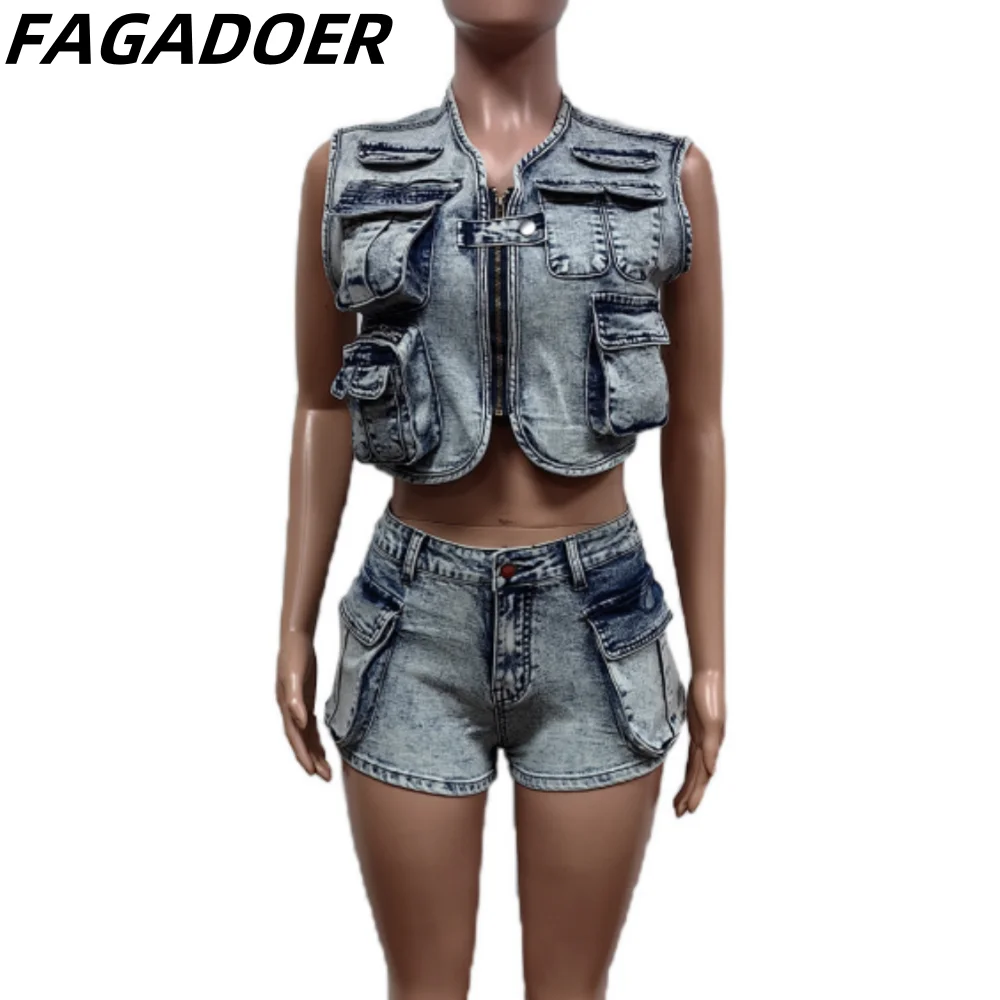 FAGADOER-Conjunto de dos piezas para mujer, chaqueta sin mangas y pantalones cortos, ropa de calle con bolsillos, color azul claro, 2 piezas