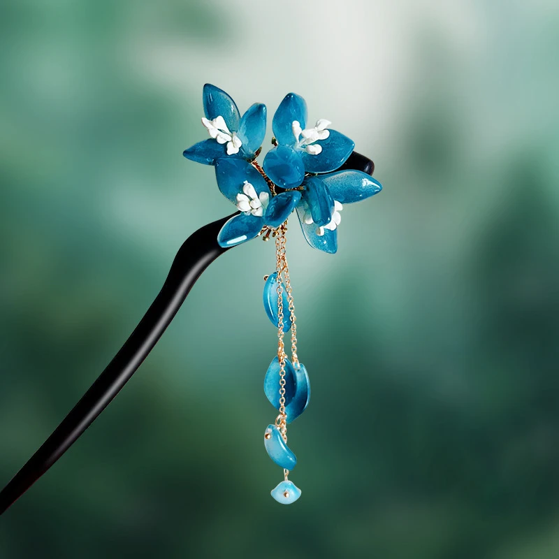 สไตล์จีนใหม่เคลือบสีฟ้าดอกไม้ผม Sticks สําหรับผู้หญิง Retro ผม Pins คุณภาพสูง Hanfu ตะเกียบ Headdress