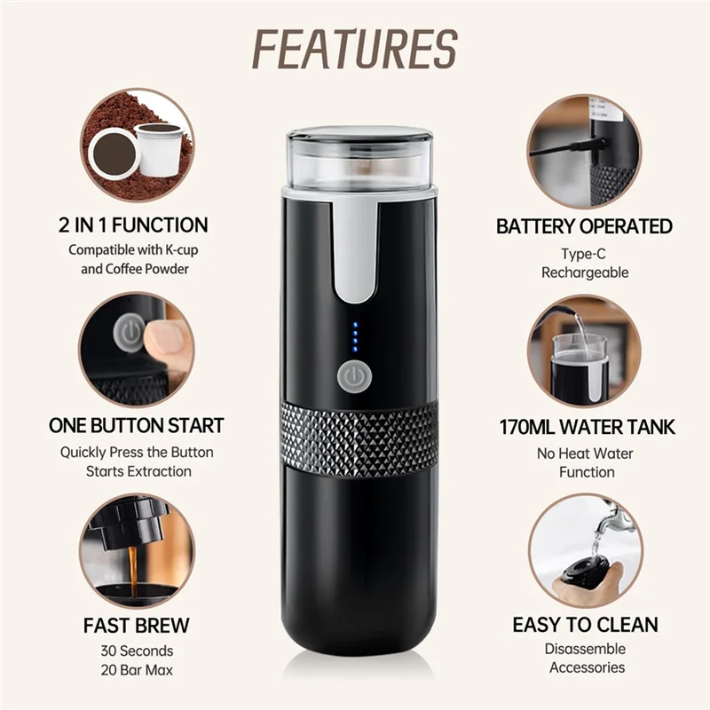 B58B-Portable Espresso Maker, Electric Travel Coffee Machine For Office Travel Camping Fit Coffee Powder & Coffee Capsule