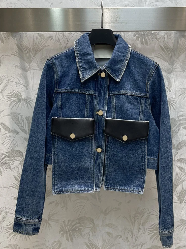 

Fashion Designer Spring Summer Casual Cowboy Jackets Women's Turn-down Collar Patchwork Pocket Short Style Jackets