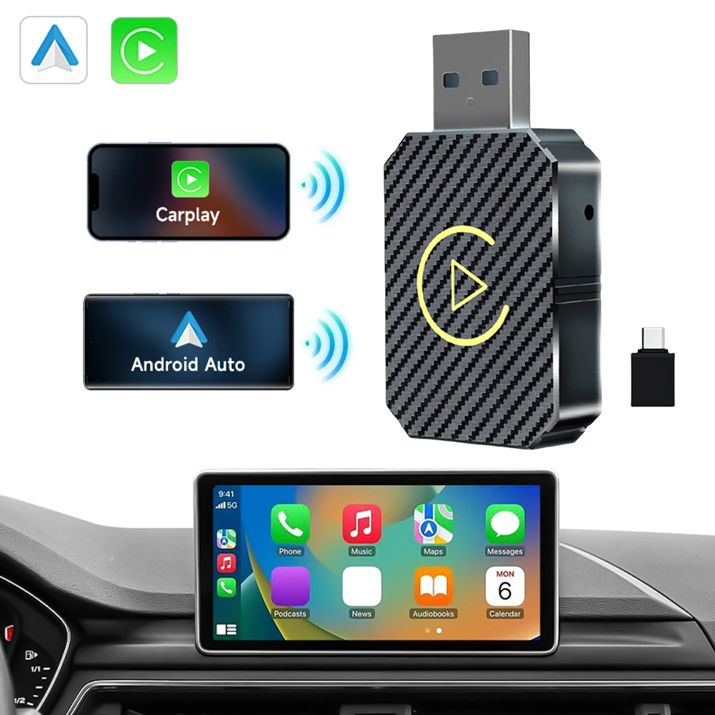 USB Car Dongle Plug&Play Wireless Carplay Android Auto Adapter 2 in 1 Mini Box BT WiFi for OEM Wired CarPlay/Andriod Auto Cars