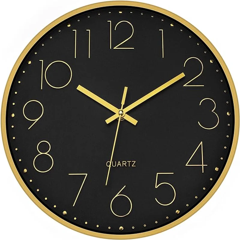 Black Gold Wall Clock 12 Inch Silent Non-Ticking Battery Operated Round Quartz Modern Wall Clock for Living Room Bedroom Home