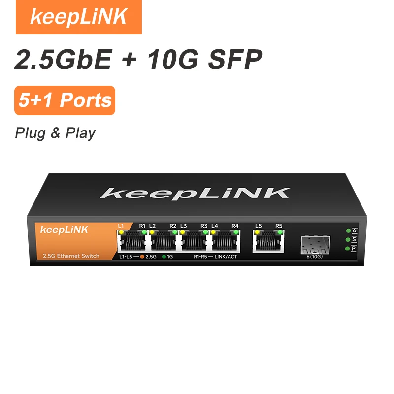 

KeepLiNK 6-Port Multi-Gig Unmanaged Ethernet Network with 5x2.5Gb Port and 1x10Gb SFP+ For Uplink