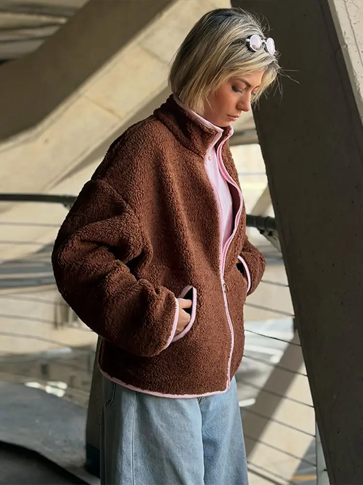 Casual Stand Collar Color Block Fleece Jacket Zip Up Long Sleeve 2026 Autumn Winter Outdoor Street Outfit Trendy Fashion Coat