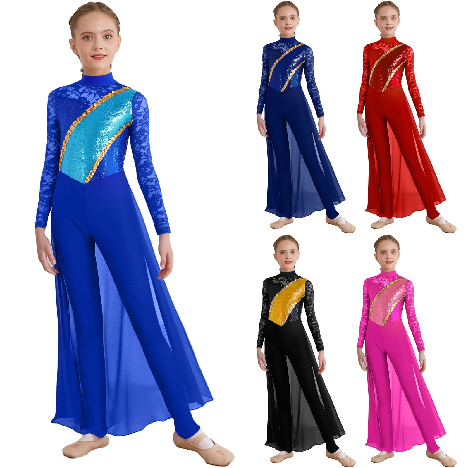 Kinder Mädchen Gymnastik Eiskunstlauf Overall Blumenspitze Pailletten Chiffon Rock Ganzanzug Strampler Kleider Lyrisches Tanzkostüm