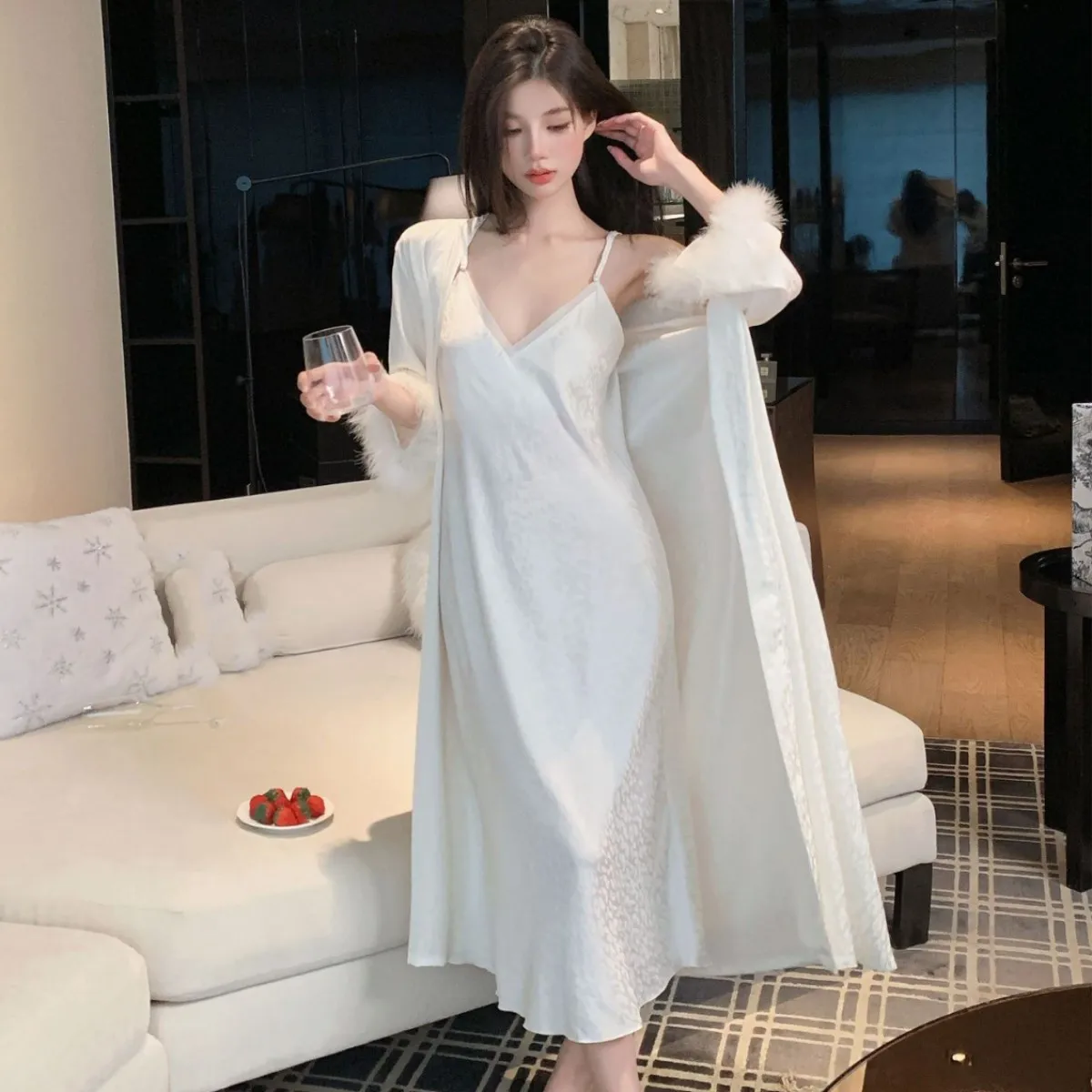 

Female Long Robe Nightgown Set Sexy Fur Cuff Leopar Jacquard Satin Sleepwear Suspender Nightdress Casual Home Dress Bathrobe
