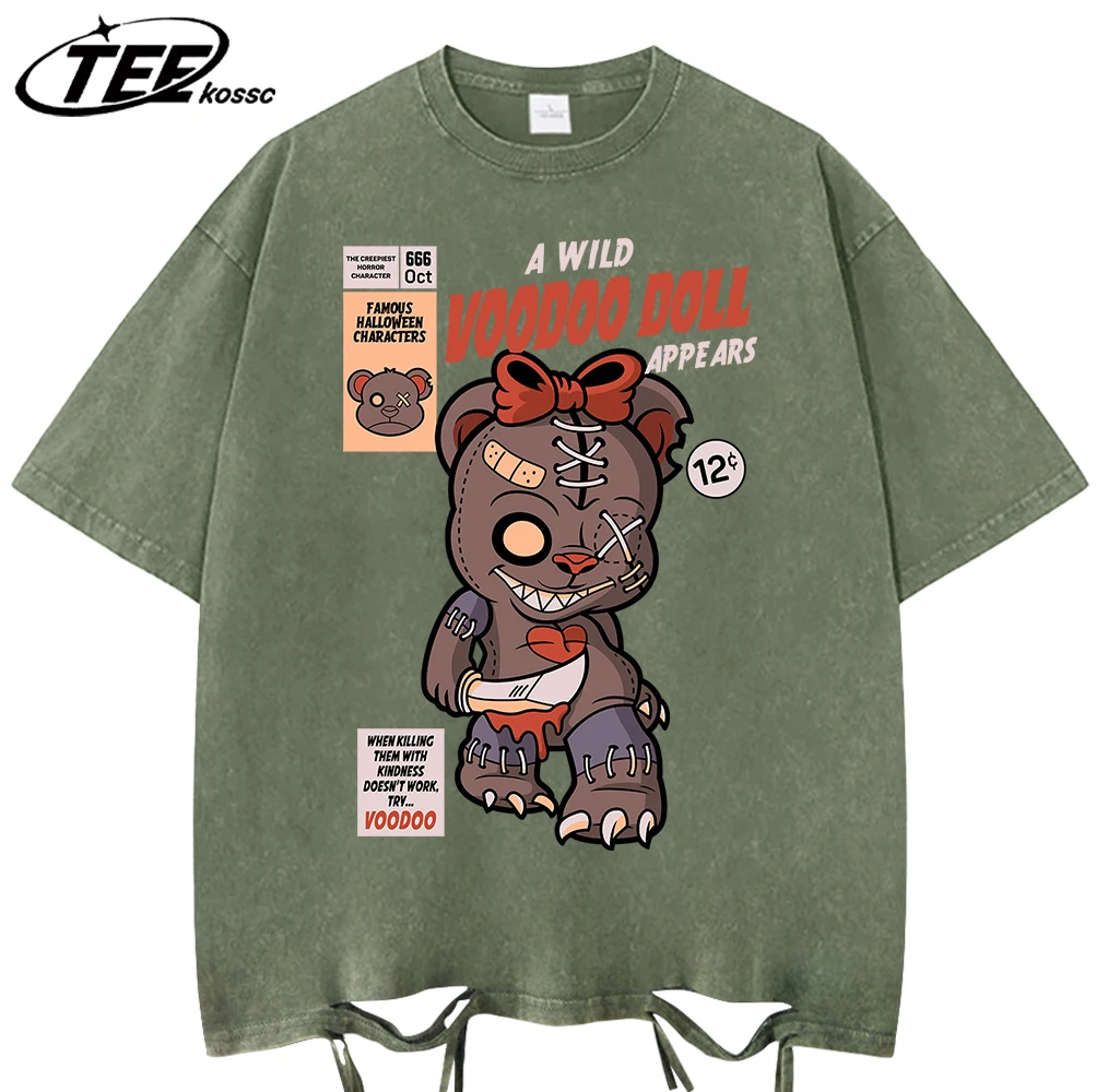 

Funny Toy Bow Bear Cartoon Printed Washed Holes T-Shirts Men O-Neck Cotton T Shirts Summer Loose Sportswear Vintage Soft Clothes