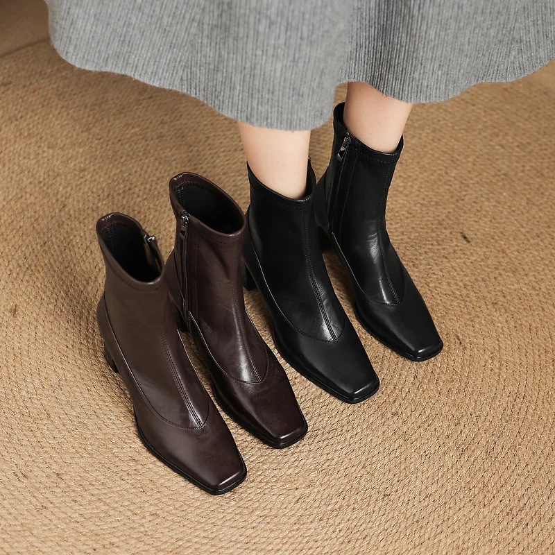 2026 new autumn winter women ankle boots natural leather 22-25cm cowhide+stretch microfiber+pigskin/plush women short boots