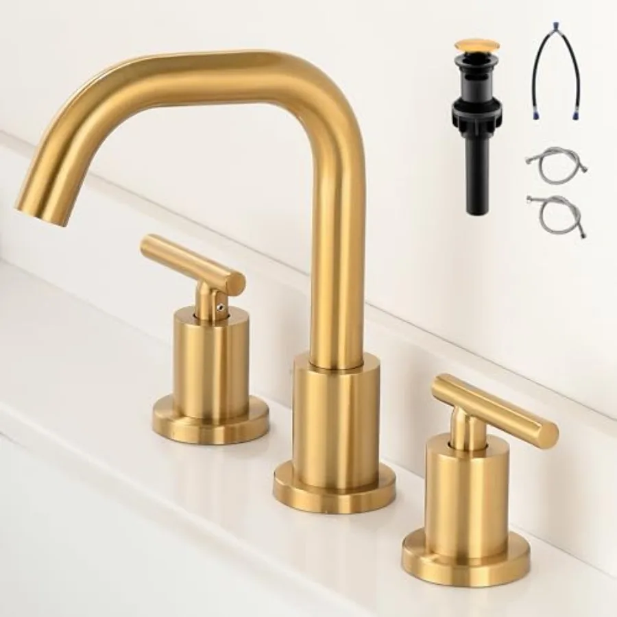 

Bathroom Faucet for Sink 3 Hole, 8 inch Widespread Bathroom Faucets Brass Vanity Faucets with 360° Swivel Spout 2 Handle Sink F