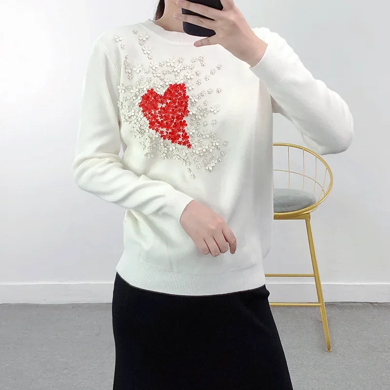 

Celebrity Same Style Knitted Sweaters Women Pullover Bottoming Shirts Autumn Winter Three-dimensional Flower Round Neck Beading