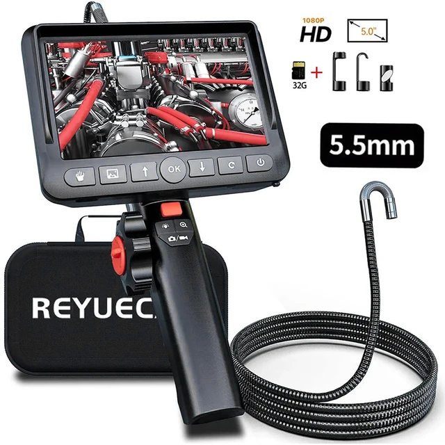 REYUECAM 5-calowy ekran IPS Boroskop przegubowy Obiektyw 5,5 mm Dwukierunkowy 420° Kamera endoskopowa układu kierowniczego IP67 8 diod LED Karta 32 GB