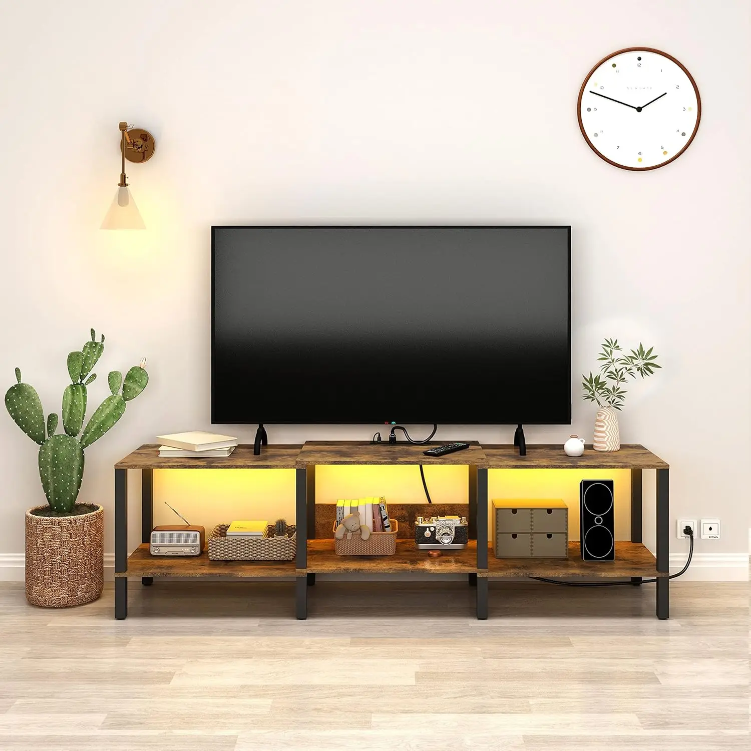 Modern LED TV Stand with Power Outlet for Living Room+75 Inch Wood TV Media Console for 55/65/75 inch TVs，Industrial TV Stand