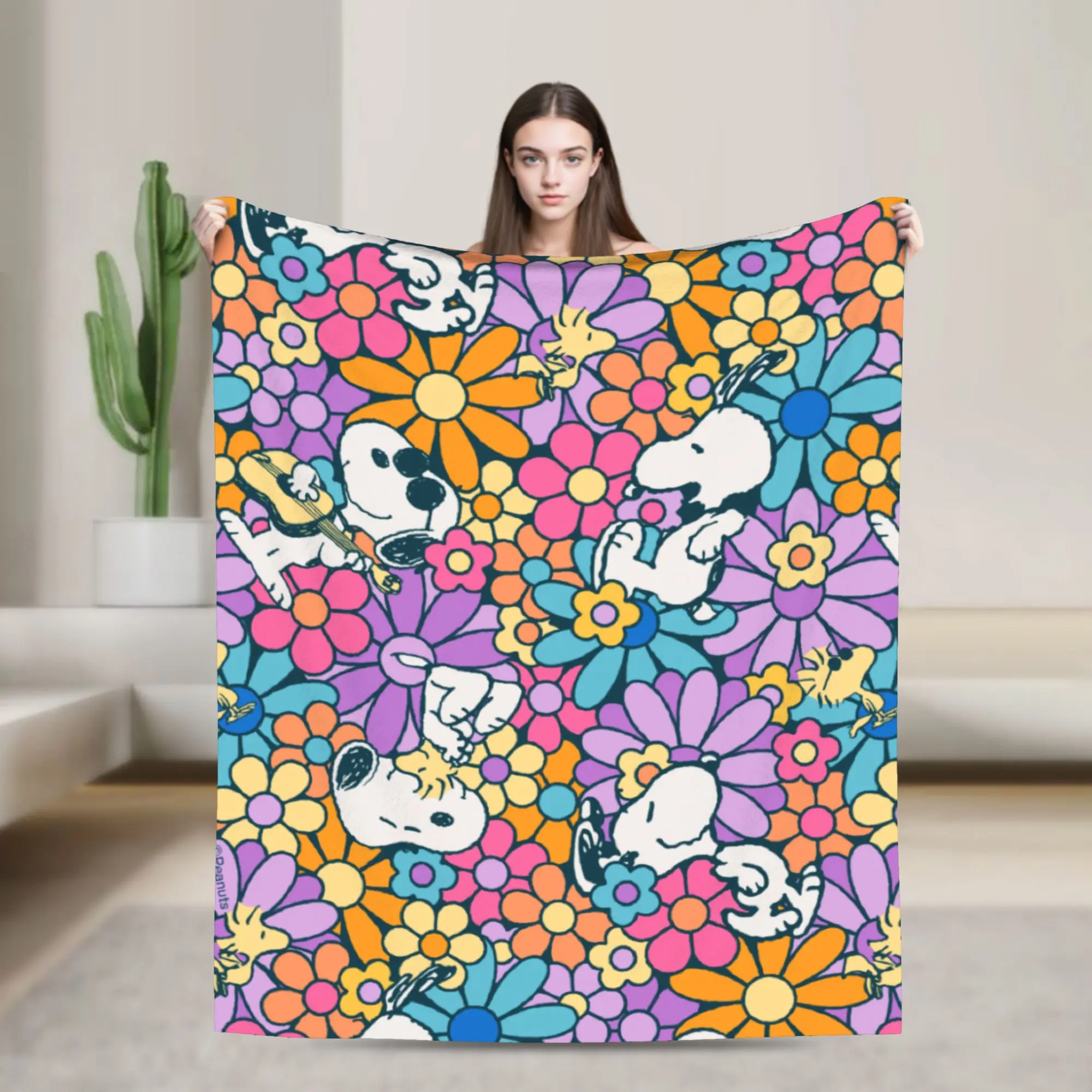 

Snoopy & Woodstock Flower Pattern Knitted Blankets Fleece Super Warm Throw Blanket for Car Sofa Couch Bedspread