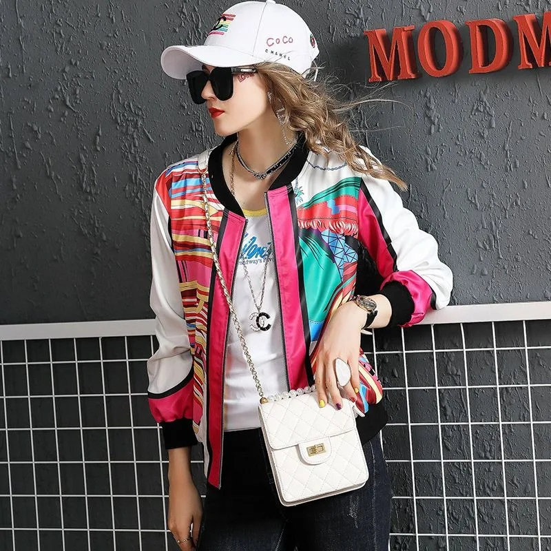 

European Spring Short Women European Station New Fashion Color Block Print Stand Collar Jacket Trendy Brand Baseball Uniform