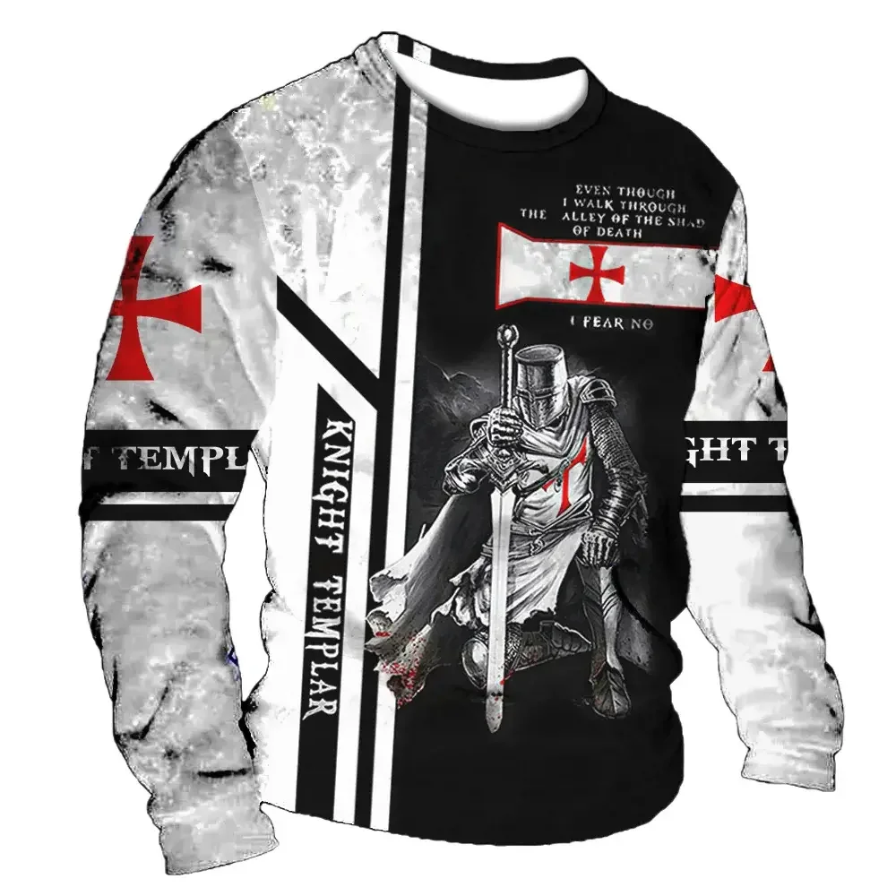 Crusader Knight Pattern Top Vintage T-shirt Men's Cotton Long Sleeve 3d Printing Casual O-Neck Street Harajuku Sweatshirt 2024