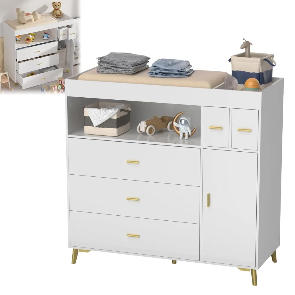 Changing Table with Drawers, White Drawer Dresser,Changing Table Dresser with 5 Drawer & Cabinet