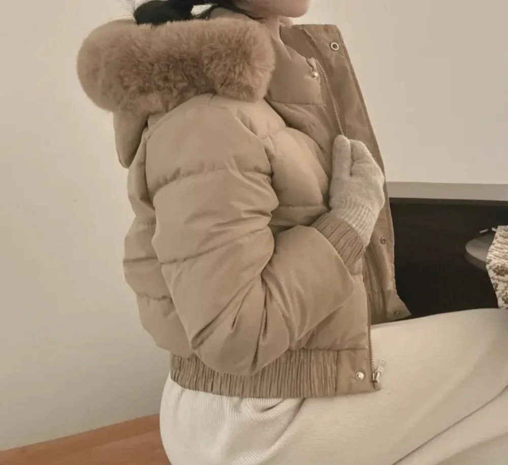 New Winter Warm Hooded Down Cotton Jacket Women Thickened Fleece Lining Big Fur Collar Long Sleeve Short Parkas Jacket Coat