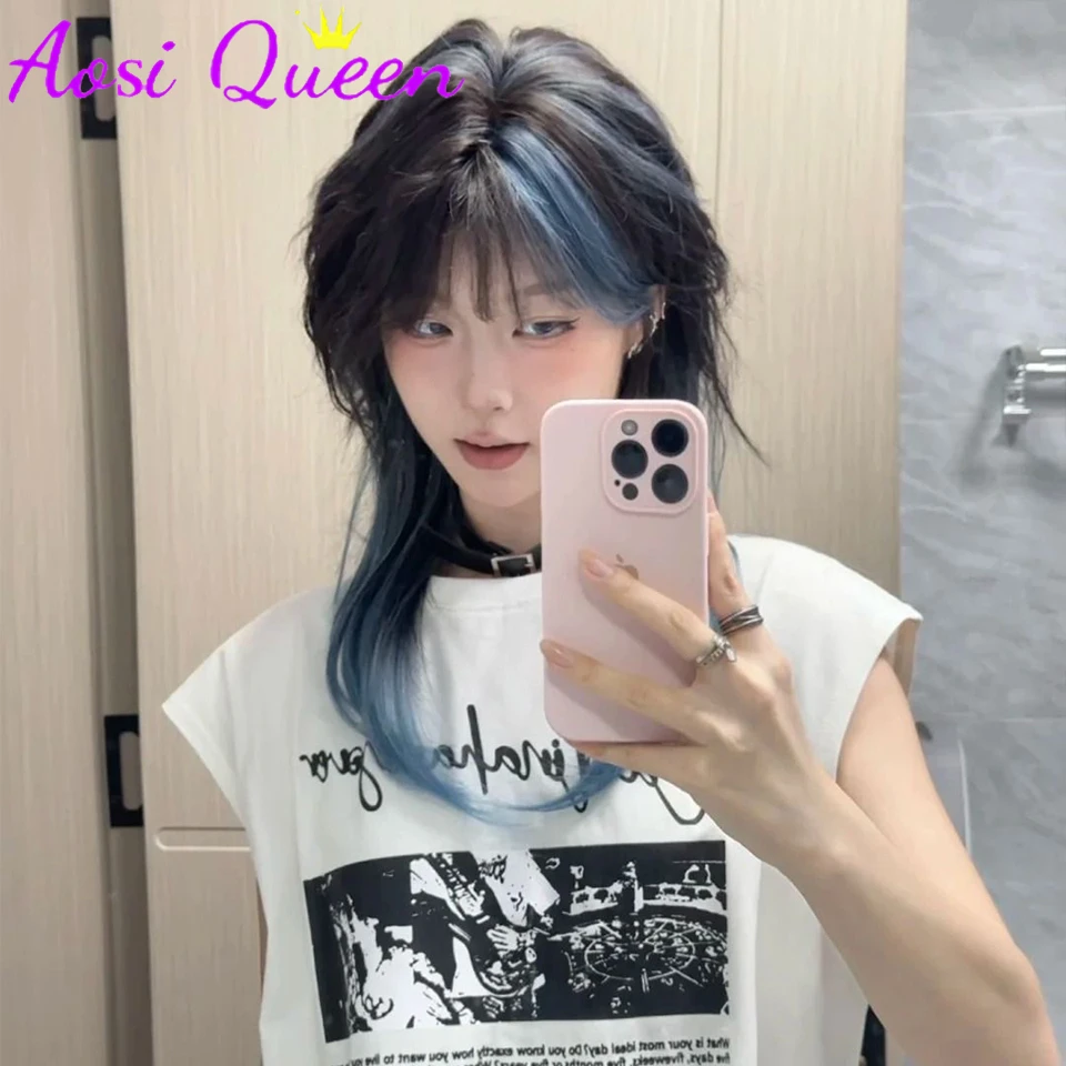Black Blue Highlighted Long Straight Synthetic Wigs For Women Middle-parted Wolf Tail Layered Wig Suitable For Daily Role Playin