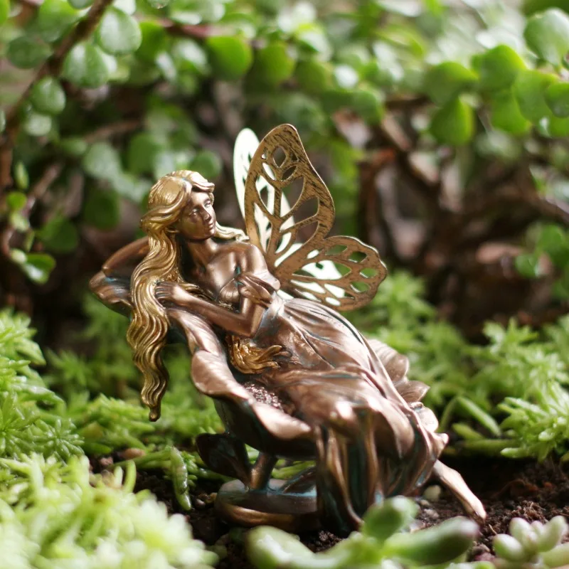 Resin Copper Flower Fairy Girl Sculpture Ornaments Outdoor Flower Pot Lawn Fairy Micro Landscape Statue Crafts Garden Decoration
