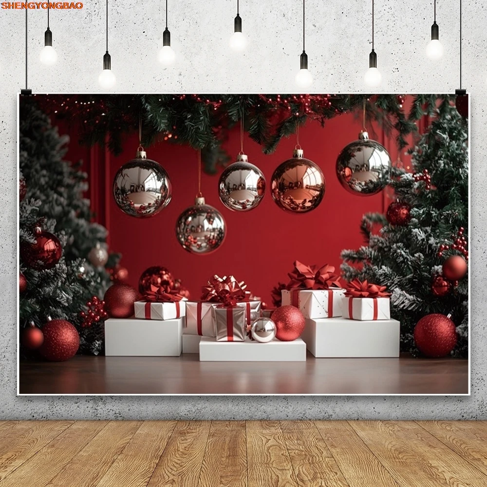 

Christmas Backdrop Red Wall Gifts Bells Xmas Tree Family Party Kids Portrait Photography Background Decor Photo Studio Props
