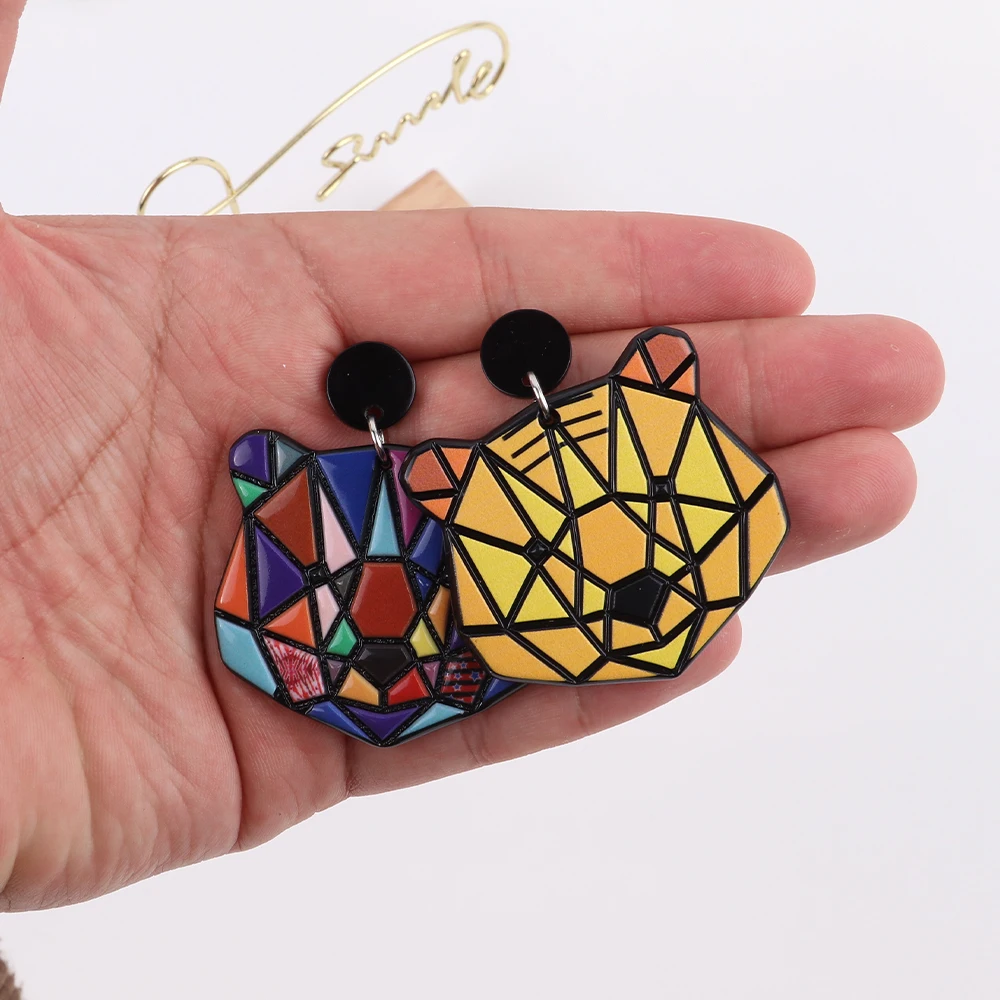 New Colorful Geometric Spliced Bear Acrylic Drop Earrings for Women Cute Cartoon Large Animals Dangle Earring Fashion Jewelry