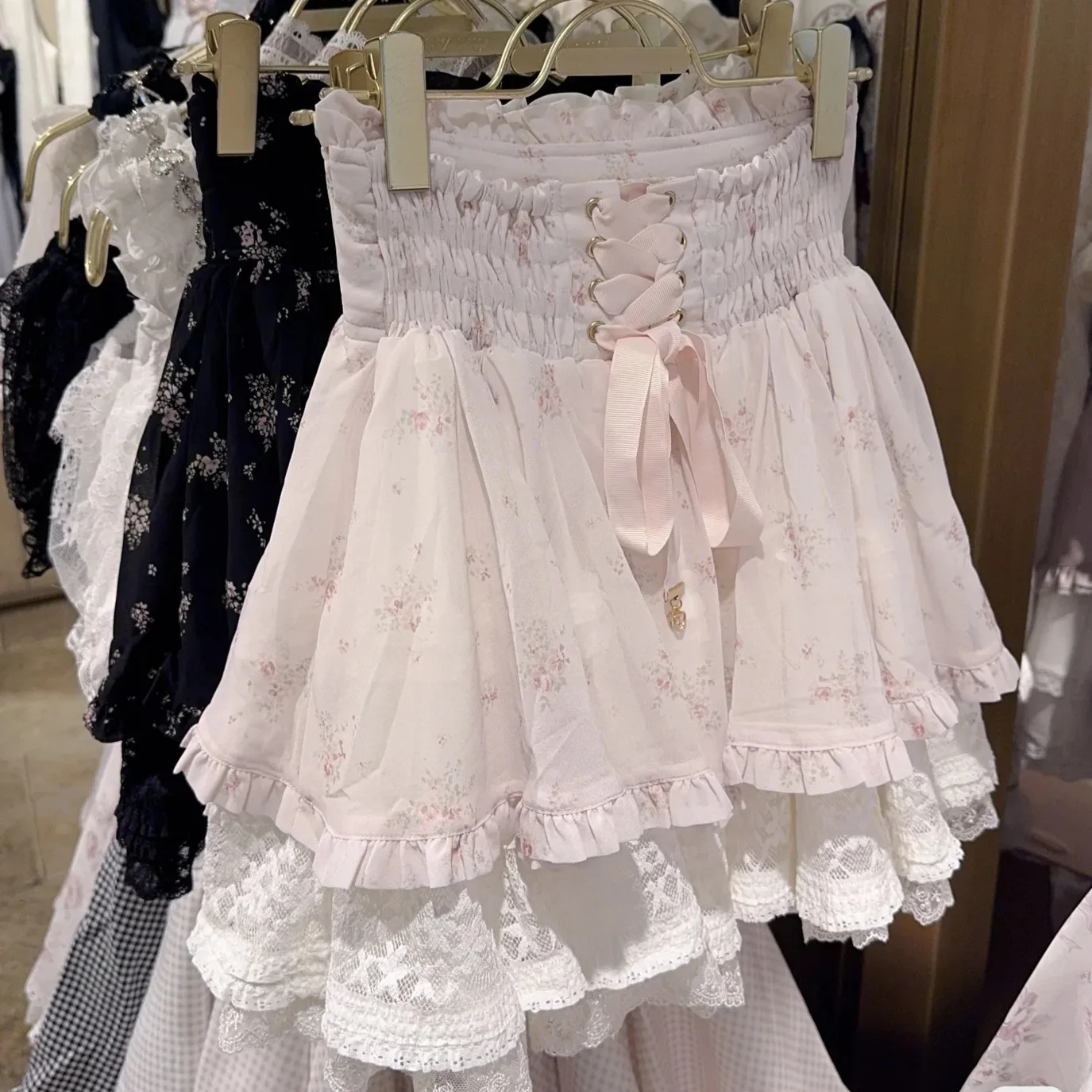 Minés japoneses estilo massa-produz liz saias doces cintura alta diamante arco rendas floral impressão versátil casual mini saia feminina