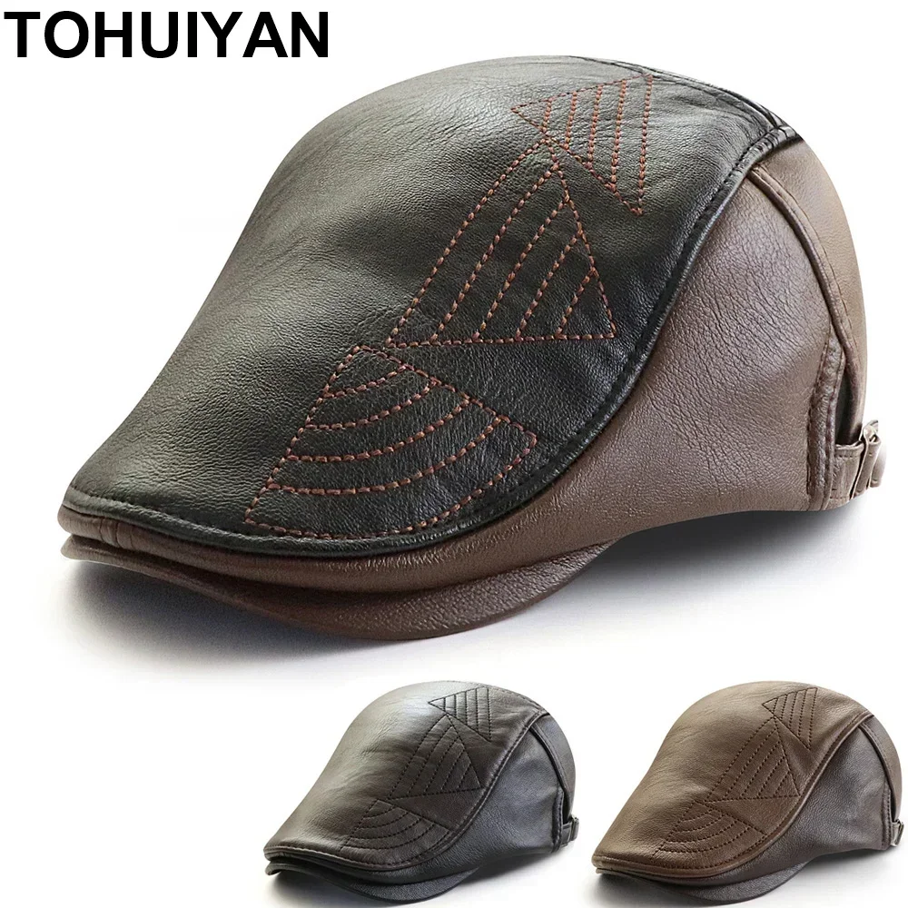 TOHUIYAN Warm Leather Hats for Men Winter Thicken Newsboy Caps Autumn Male Adjustable Flat Cap Boinas Masculina Driving Hat