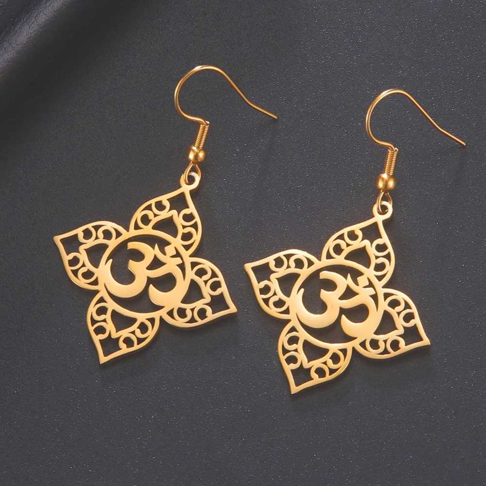 Dawapara Yoga Lotus OM Symbol Dangle Earrings for Women Aum Ohm Spiritual Amulet Chakra Pendant Stainless Steel Jewelry