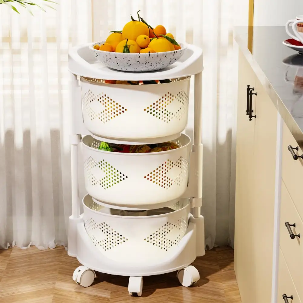 Rotating Trolley, Heightened Guardrail Visible Kitchen Trolley With Casters, Rotating Kitchen Storage Shelves, 3/4Tiers