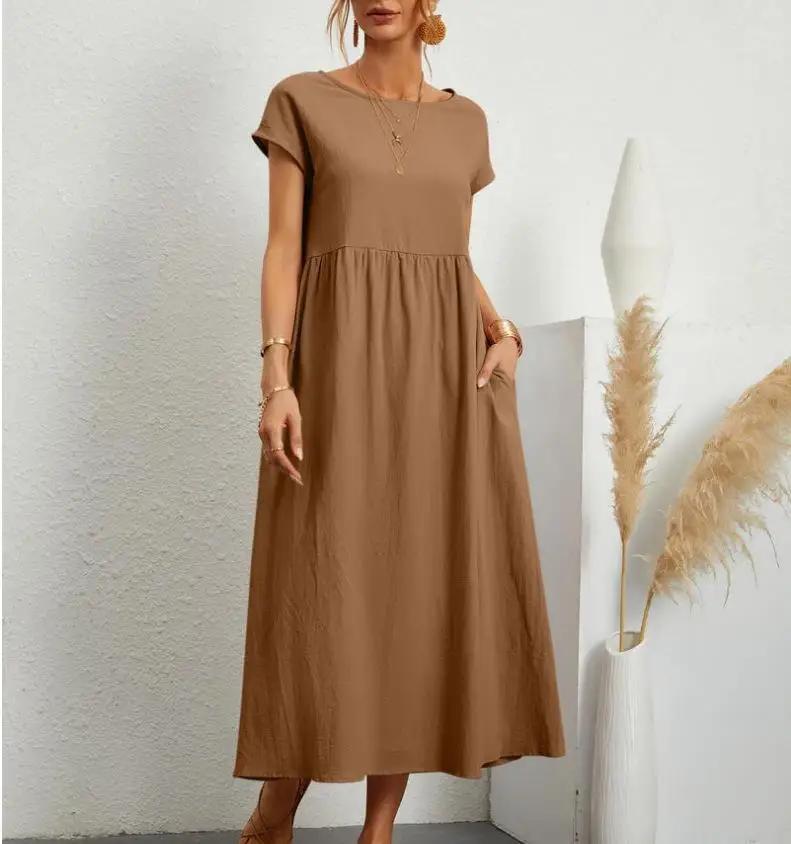 Women\'s Dress Summer New Round Neck Short Sleeve Cotton Pleated Elegant Dress Fashion Solid Color Combination Vintage Long Dress