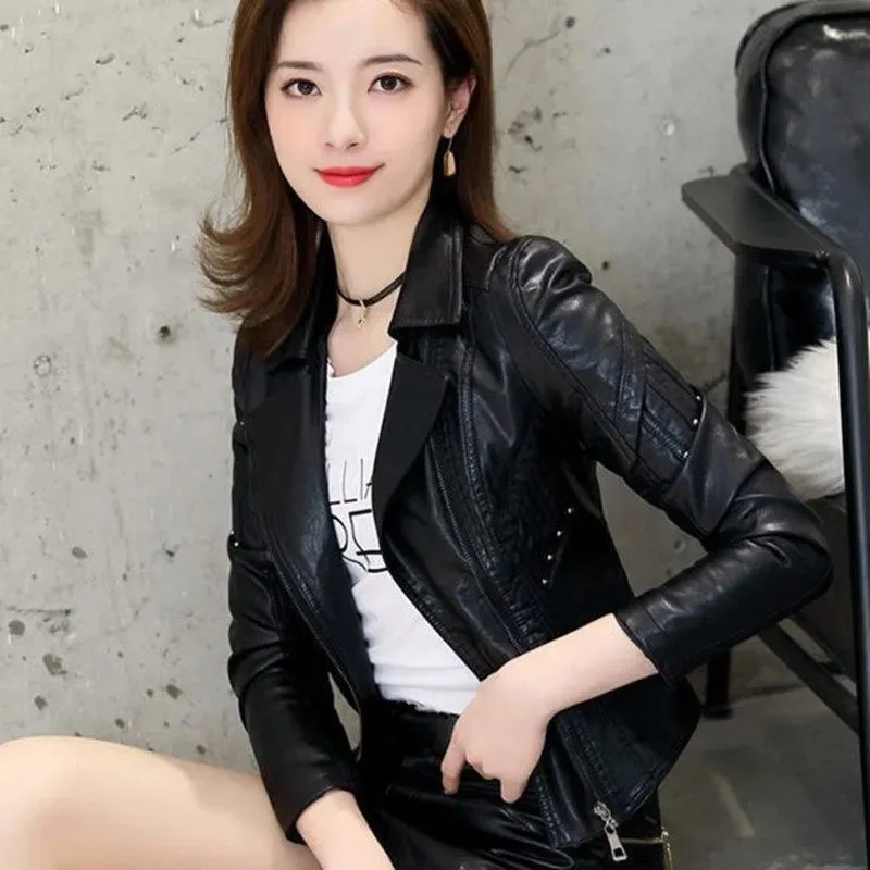 春のファッションショート Pu レザージャケット女性の韓国スリムジッパージャケット大きいサイズオートバイ黒フェイクレザーコート JJ395