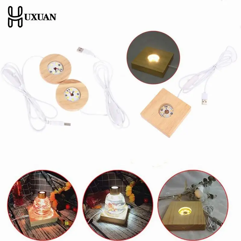 Wooden LED Light Dispaly Base Crystal Glass Resin Art Ornament Wooden Night Lamp Base LED Light Rotating Display Stand 7/8cm