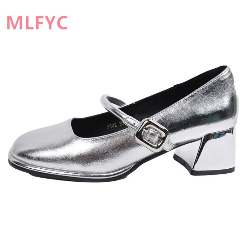 Silver Thick Heel Shoes 2024 Spring New Mid Heel Waterproof Platform Shoe Women Comfortable Simple Shoe chaussure femme