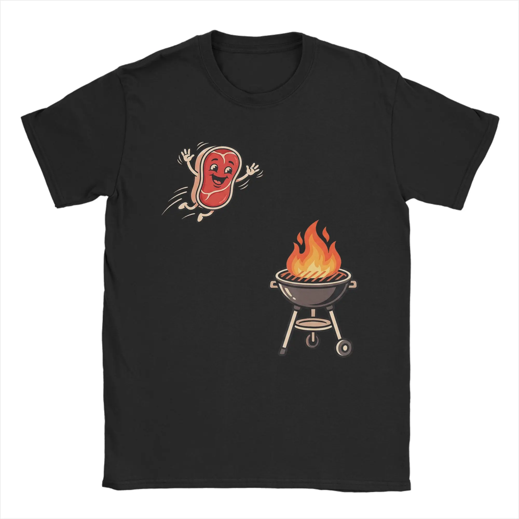 Men BBQ Steak Meme Cute Meat Jumping Into Grill T Shirt  Cotton Clothes Unique Short Sleeve Round Neck Tees Gift Idea T-Shirts