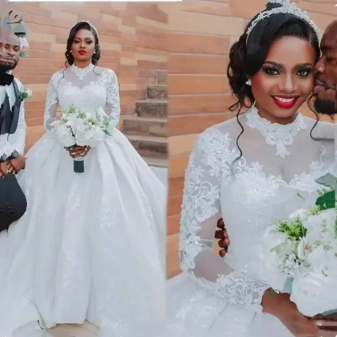 

Customized Ball Gown Plus Size Arabic Wedding Dresses Vintage Long Sleeves High Neck Bridal Overskirt Gowns