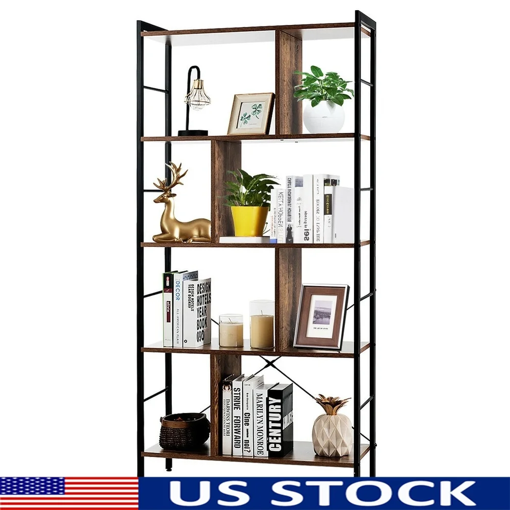Modern 5 Tier Bookcase Industrial Storage Shelf Living Room Study Bedroom Durable Metal Frame Easy Assembly