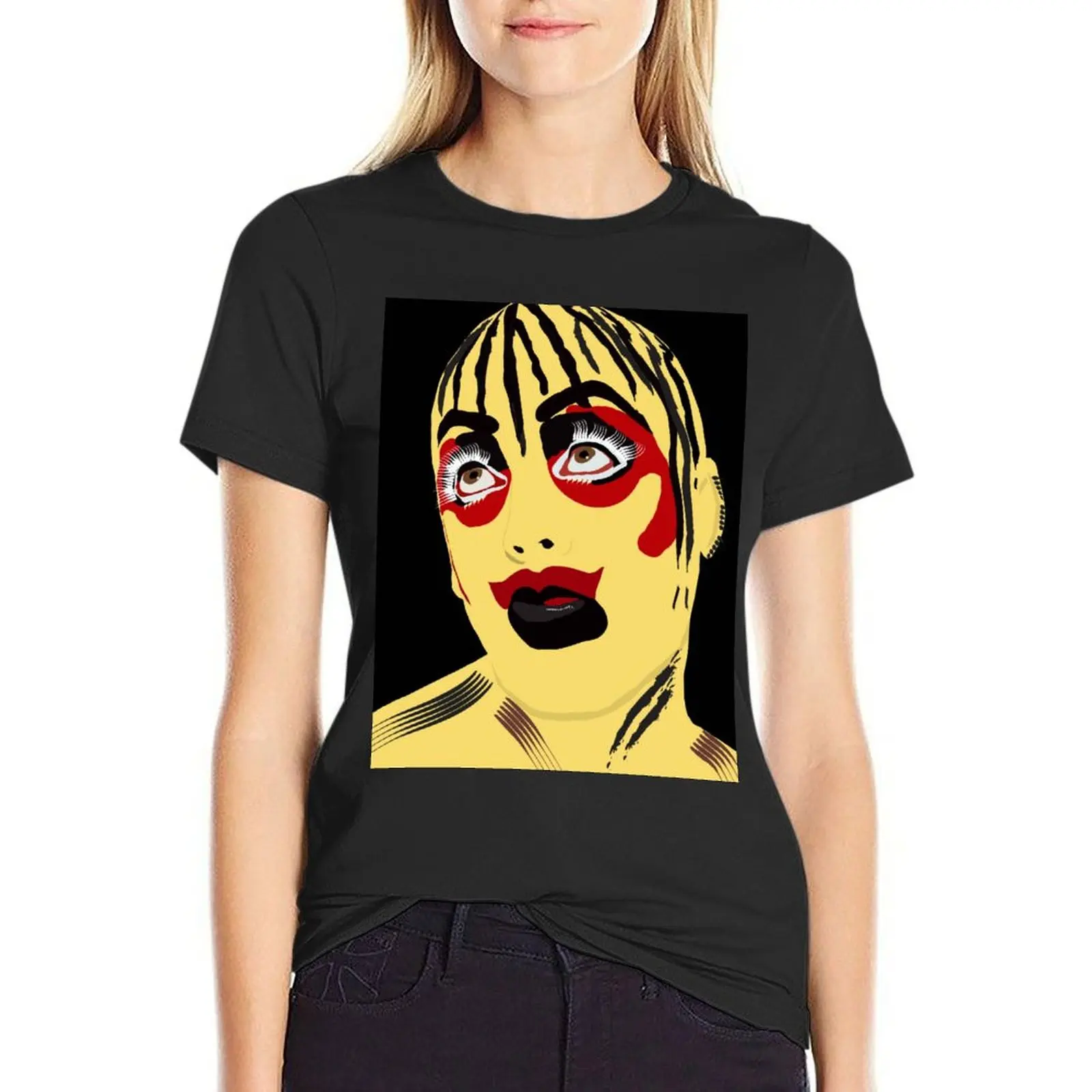 LEIGH BOWERY TABOO T-shirt preta para mulheres, roupas femininas, espaços em branco